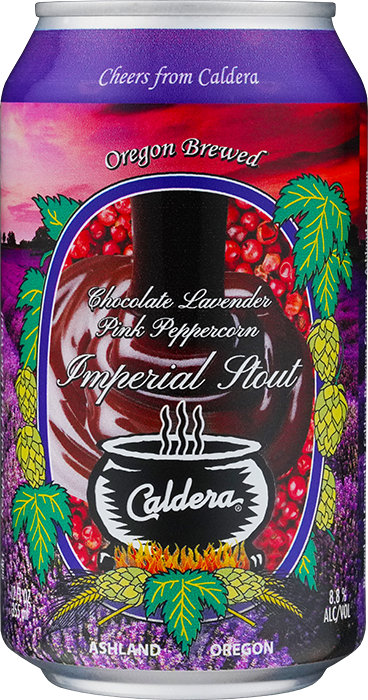 Chocolate Lavender Pink Peppercorn Imperial Stout craft beer can from Caldera Brewing in Ashland Oregon
