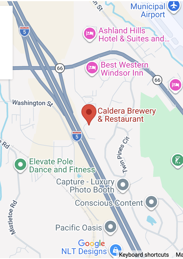 Map showing Caldera Brewery & Restaurant near Interstate 5 in Ashland, Oregon.